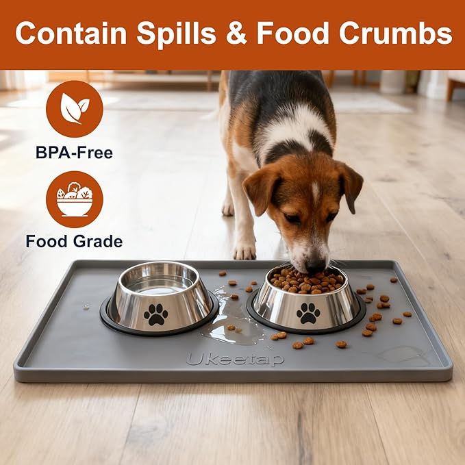 Extra Thick Silicone Mat Waterproof with Raised Edge 19” x 12”, BPA Free Non-Slip Dog & Cat Food Mat, Feeding Mat for Food and Water Bowls, Spill Proof Mat to Protect Floors, Gray