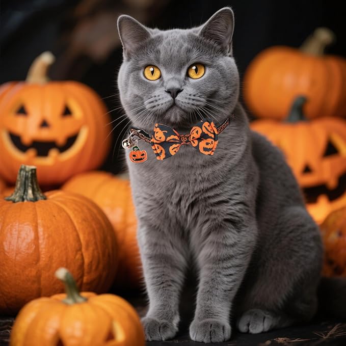 ADOGGYGO Halloween Cat Collars with Bow Bell, Black Orange Pumpkin Bowtie, Breakaway Halloween Collars for Cats Kittens