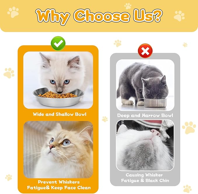 4-Pack Stainless Steel Cat Food Bowls, Shallow Whisker-Friendly Non-Slip Silicone Base Metal Dishes, Easy to Clean Indoor Water Flat Plates for Cat, Kitten, Small Dog (5.9")