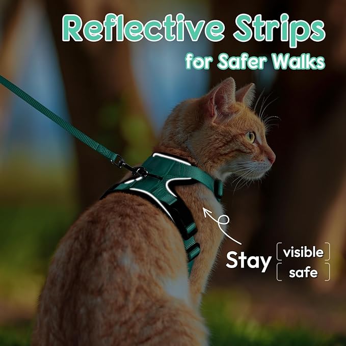 Dooradar Cat Harness and Leash Set, Escape Proof Safe Adjustable Kitten Vest Harnesses for Walking, Easy Control Soft Breathable Mesh Jacket with Reflective Strips for Cats, Green, XXS