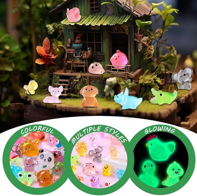 DIYDEC 60PCS Luminous Mini Resin Animals 60 Styles Miniatures Glow in The Dark Tiny Little Figures to Hide Small Duck Figures for Party Favors Bag Fillers Garden Dollhouse Decor