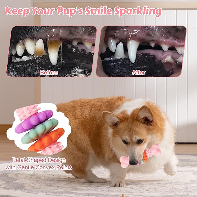 Puppy Chew Toys for Teething, Durable Dog Chew Toy for Aggressive Chewers, Tough TPR Rubber Bone Toy for Small & Medium Dogs, Teeth Cleaning & Anxiety Relief(Pink)
