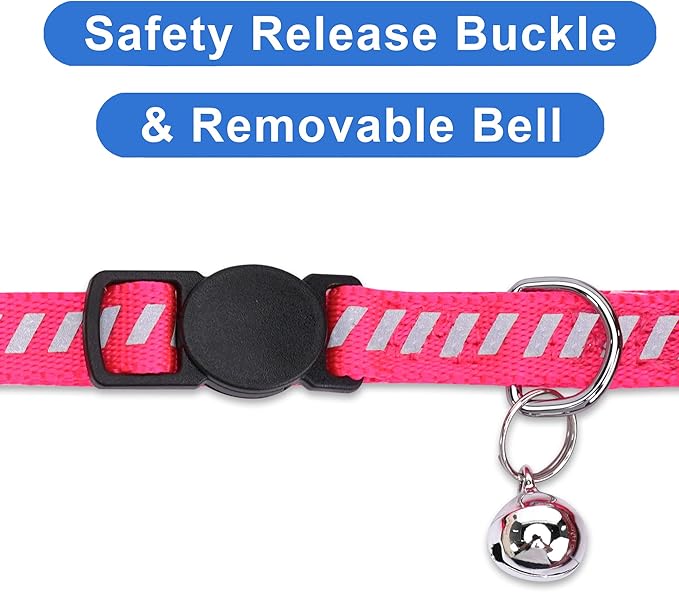 Pawtitas Personalized Pink Reflective Cat Collar – Adjustable Custom Collar with Safety Buckle, Removable Bell, and Engraved Name & Phone Number for Kittens and Adult Cats
