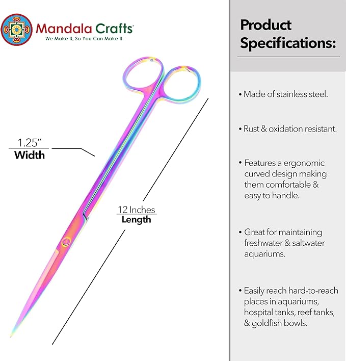 Mandala Crafts 12 Inches Rainbow Stainless Steel Straight Aquarium Scissors for Trimming Aquatic Plants – Long Aquascape Scissors for Fish Tanks, Hospital Tanks, Goldfish Bowls, and Terrariums