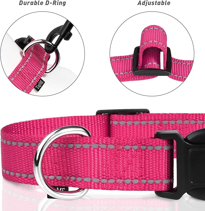 TagME Reflective Nylon Dog Collars, Adjustable Classic Pet Collar with Quick Release Buckle for Extra Large Dogs, Hot Pink, 1¼" Width