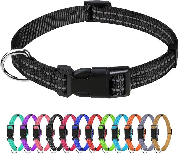 TagME Reflective Nylon Dog Collars, Adjustable Classic Pet Collar with Quick Release Buckle for Puppy, Black 3/8" Width