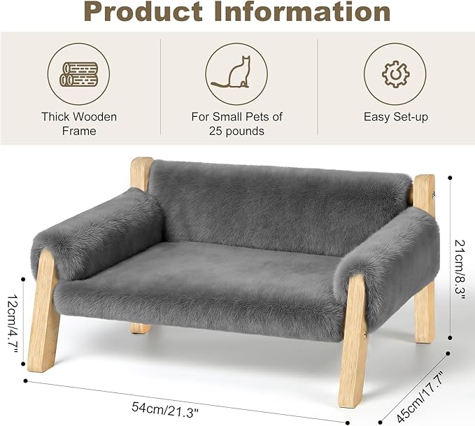 Elevated Cat Couch Bed for Indoor Cats - Wooden Pet Sofa with Removable Washable Thick Cover Raised Kitty Lounge Chair Suitable for Puppy or Small Animals(Cat Sofa Light-Grey)
