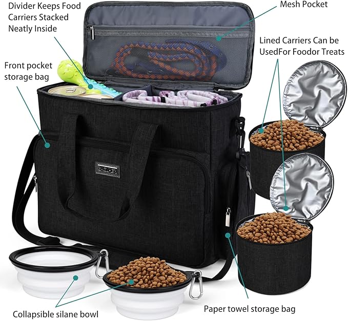 BAGLHER Dog Travel Bag, Airline Approved Pet Tote Organizer with Multi-Function Pockets, 2 Food Storage Containers and 2 Collapsible Dog Bowls, Perfect Weekend Pet Travel Set, Black
