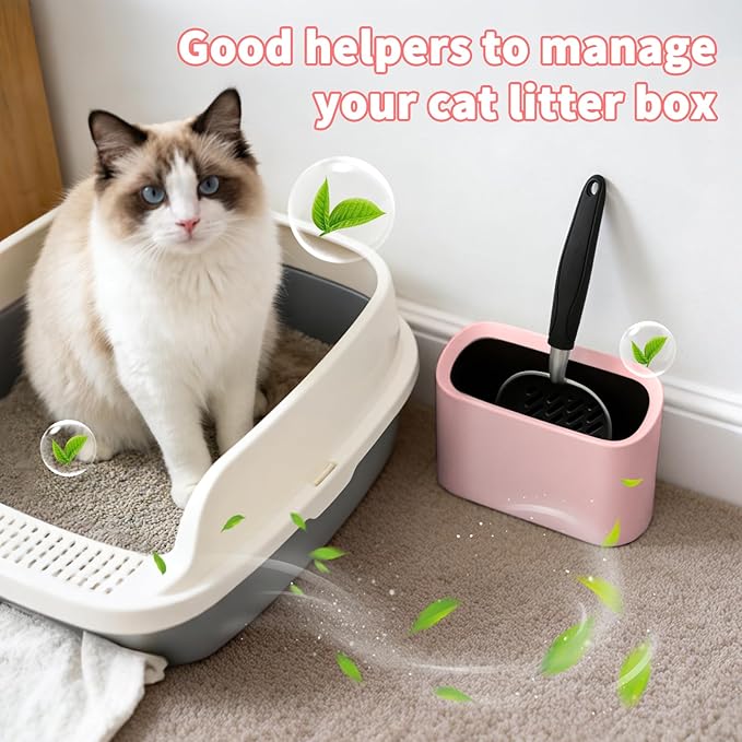 Heavy-Duty Cat Litter Scoop with Holder, Metal Cat Scooper and Detachable Trash Can,Aluminum Kitty Poop Shovel Captures All Clumps,Speed Sifter Litter Box Scooper and Caddy with Lid(Pink)