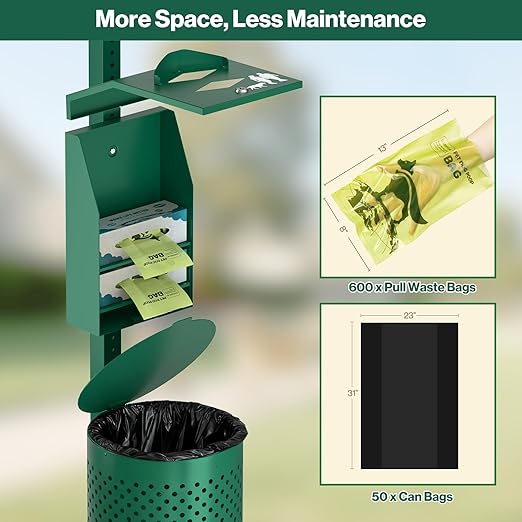 POCHAR Dog Waste Station Outdoor, Aluminum Rustproof Pet Poop Station with 600 Waste Bags & 50 Can Liners, Dog Park Equipment with Sign & Lid - Pet Poop Disposal System for Backyard