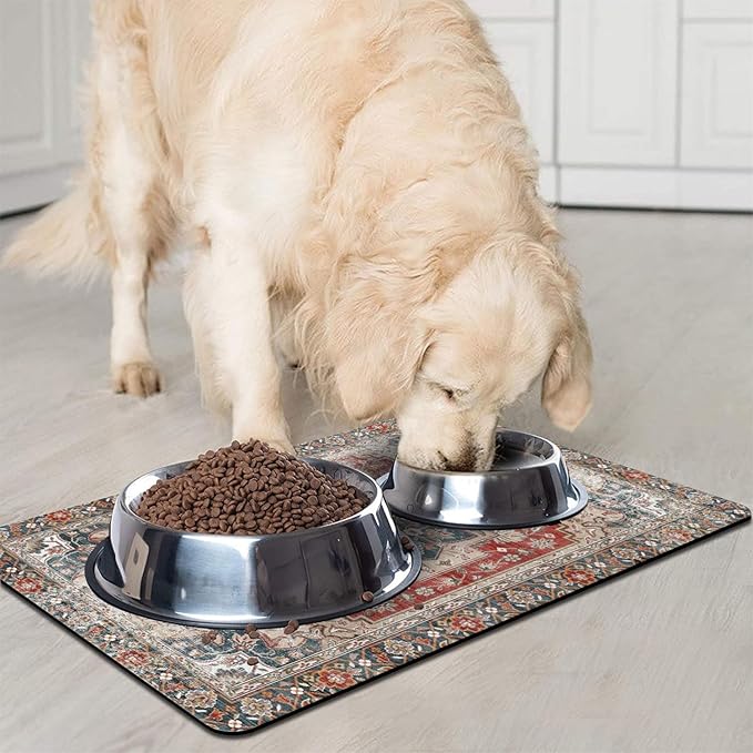 2 Pack Dog Food Mats for Floors, Absorbent and Quick-Drying Pet Cat Food Mat,Anti-Fouling and Easy-to-Clean Pet Feeding Mat,Dog Bowl Mat for Messy Drinking Water Bowls.12 x20+18"x24", Bohemia Style