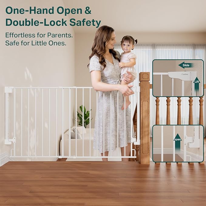 Cumbor 35.1-55" Wide No Bottom Bar Baby Gate for Stairs, 2-in-1 Auto Close Dog Gate Indoor, Hardware Mounted Pet Gate for Doorways with Large Walk Thru Door, Child-Proof Safety Gate for Kids (White)