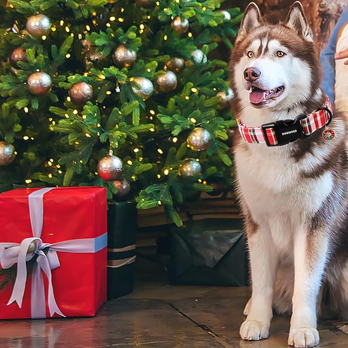 DOGWONG Christmas Dog Collar,Red Plaid Dog Collars, Adjustable Red Checkered Pet Collars Christmas Dog Collar for Small Medium Large Dogs