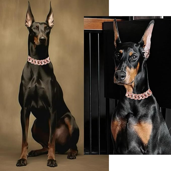 Cuban Link Dog Chain Collar Rose Gold Crystal Dog Necklace Metal with Design Secure Buckle Pet Collar Jewelry Accessories for Small Medium Large Dogs Cats(Rose Glod 22inch)