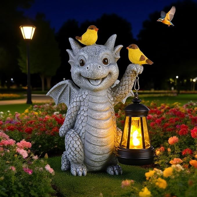 ILLUMINEW Solar Dragon Garden Statue with Lantern and Birds – Resin Dinosaur Figurine with LED Light for Yard, Outdoor Decor, Gifts for Mom, Women (Dragon)