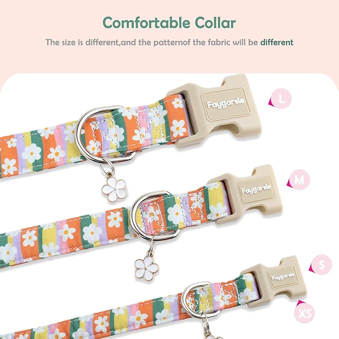 Faygarsle Colorful Floral Dog Collar, Cotton Fabric with Daisy Pattern, Multi-Color Stripes Spring Summer Design for Small Medium Large Dogs S