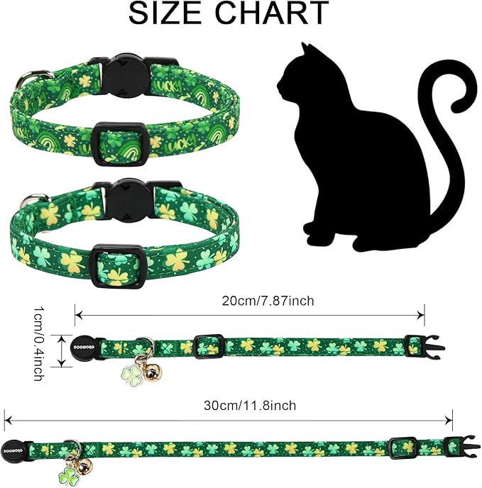 2 Pack St.Patrick's Day Kitten Collars,DOGWONG Cute Shamrock Breakaway Kitty Collars,Spring Green Trefoil Cat Collar with Bell, Lucky Clover Kitten Collars for Girl & Boy Cats
