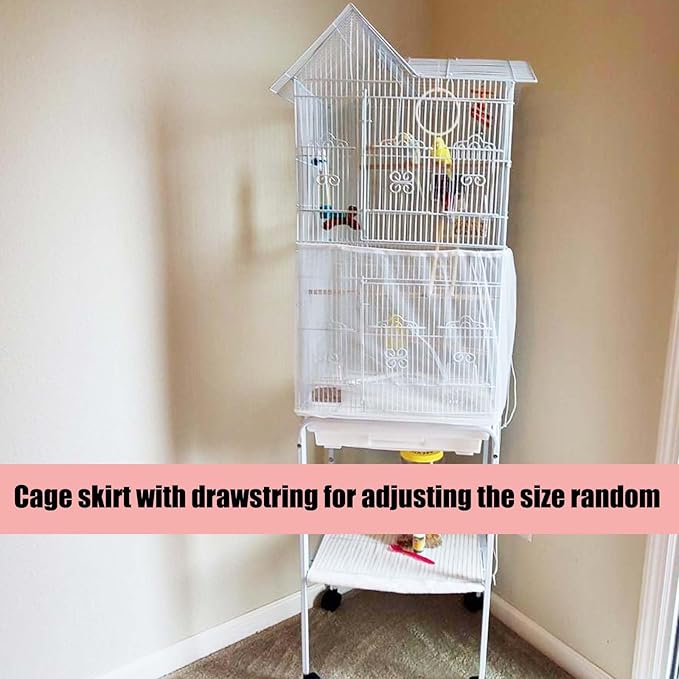 Allazone Bird Cage Seed Catcher, Large Bird Cage Cover, 75-118'' Universal Adjustable Birdcage Cover Skirt Soft Airy Nylon Mesh Net for Parakeet Macaw African Round Square Cage, White