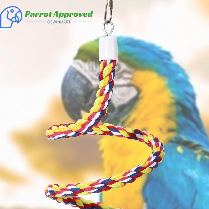 63'' Bird Rope Perches Birdcage Swing Toys 100% Cotton Natural Bird Perch Peck/Chewing with Vintage Bell Climbing Standing Bungee Parrot Toys for Small to Regular Size Parrot Cockatiel Birds