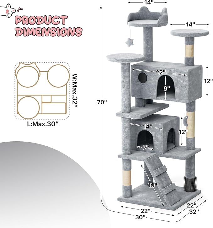 MoNiBloom 70 Inch Cat Tree Tower for Indoor Cats Large Adults, Tall Cat Tower with Scratching Post, Multi-Level Furniture Activity Center with Cat Condo Pet Play House, Light Grey