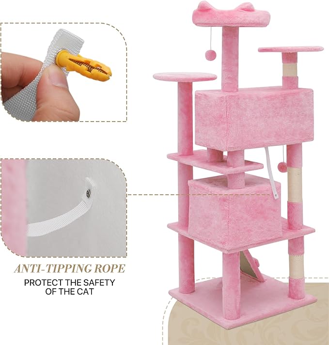 Athena Collection 54 Inch Cat Tree for Indoor Cats, Multi-Level Tower With 2 Condos, Scratching Post & Dangling Ball, Tall Climbing Center, Pink