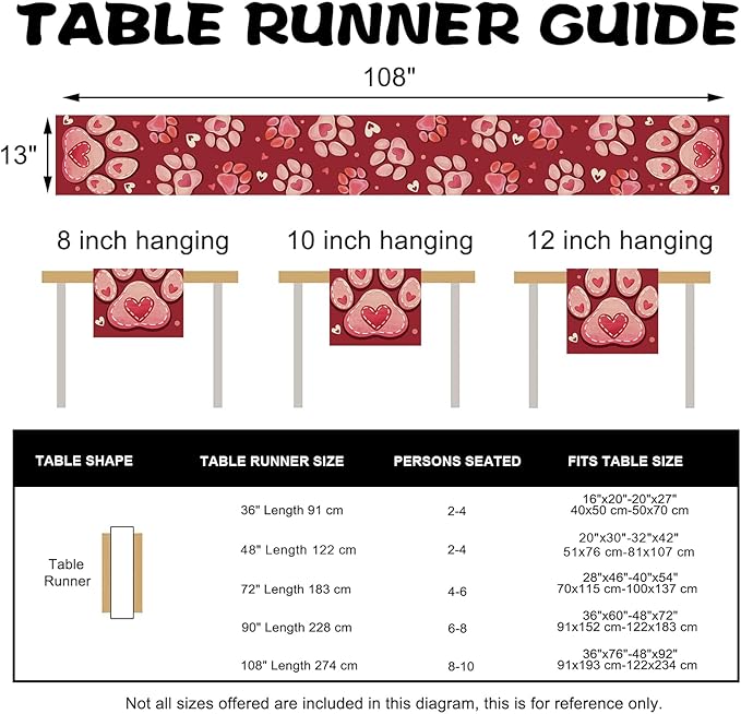 Valentines Day Dog Cat Paw Prints Table Runner, Red Love Hearts Kitchen Dining Table Decoration Pet Lover Gift, Anniversary Wedding Burlap Indoor Outdoor Home Decor Party Supply 13 x 108 Inches