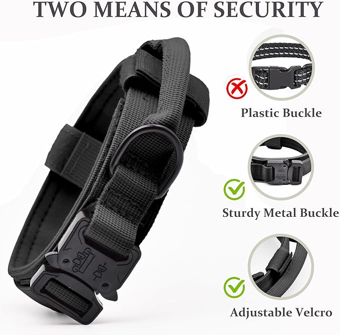 Tactical Dog Collar, Adjustable Military Training Nylon Dog Collar with Control Handle and Heavy Quick-Release Metal Buckle for Small Medium Large Dogs, Black XL