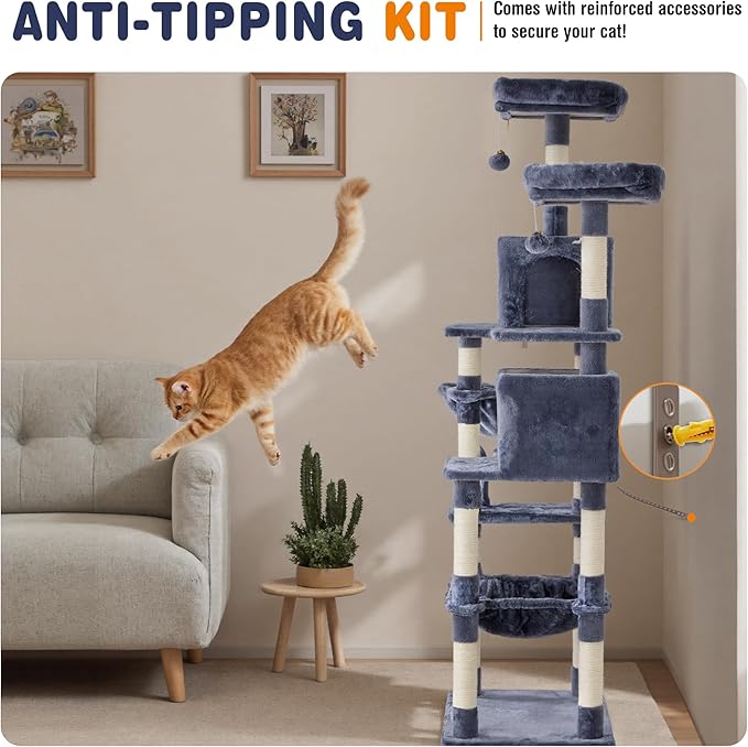 Large Cat Tree 71 Inch, Multi-Level Tall Cat Tree Tower with Condo, Perches, Sisal Scratching Posts and Hammock, Pet Play House with Dangling Balls for Indoor Cats, Dark Grey