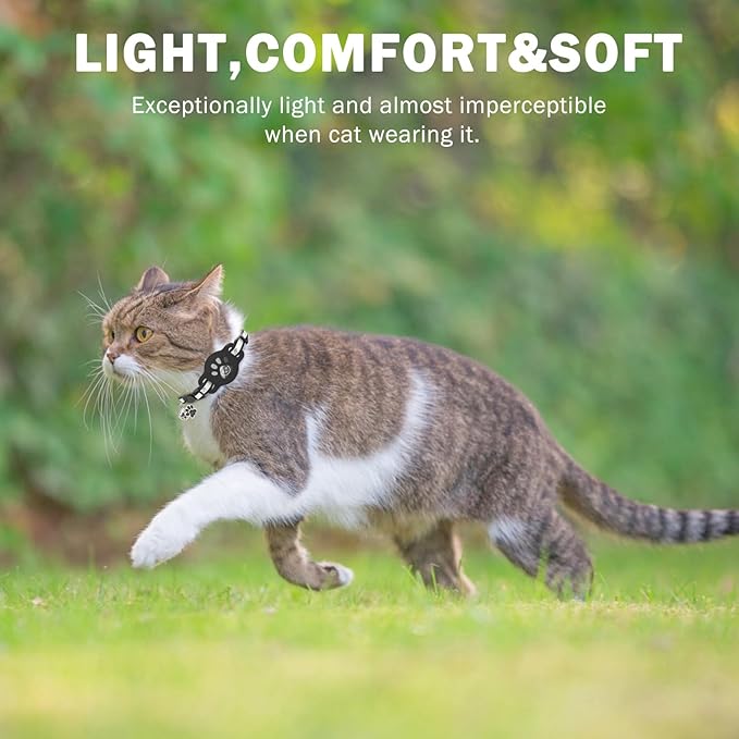 Airtag Cat Collar Breakaway, Reflective Kitten Collar with Bell and Apple Air Tag Holder, GPS Cute Cat Collar, Glow in The Dark Pet Collars for Boy Girl Cats, Kittens, Puppies, Black
