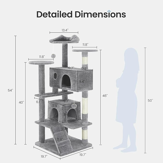 54 Inches Cat Tree Tower for Indoor Cats, Cat Tree Tower Condo with Scratching Post for Cats House Play, Multi-Level Furniture Activity Center for Pet, Sisal Rope, Light Gray