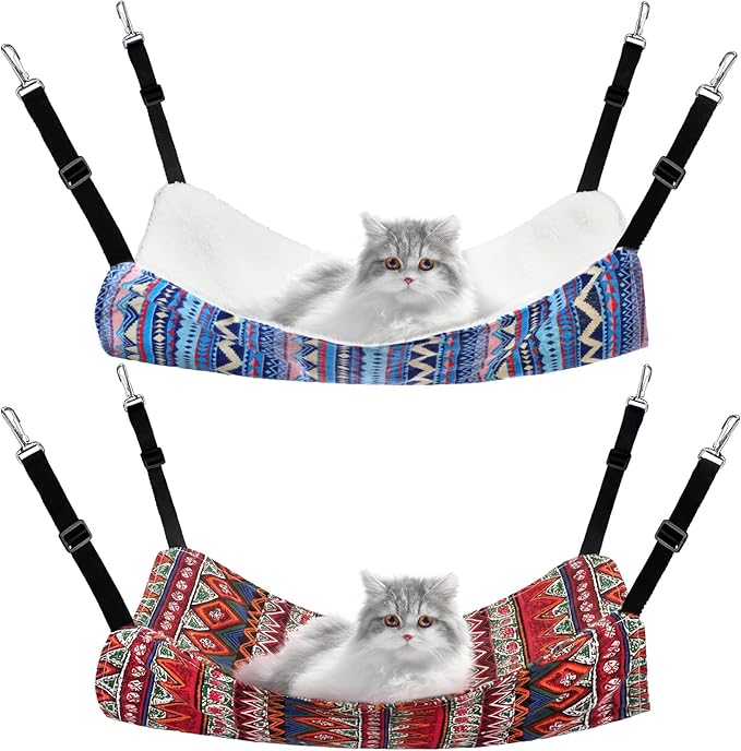 Jetec 2 Pack Cat Hammock for Cage, Catio Accessories Reversible Soft Cats Bed with Adjustable Straps and Hooks Double-Sided Linen and Fleece Hanging Hammock for Cats, Kitten(Ethnic Pattern,L)