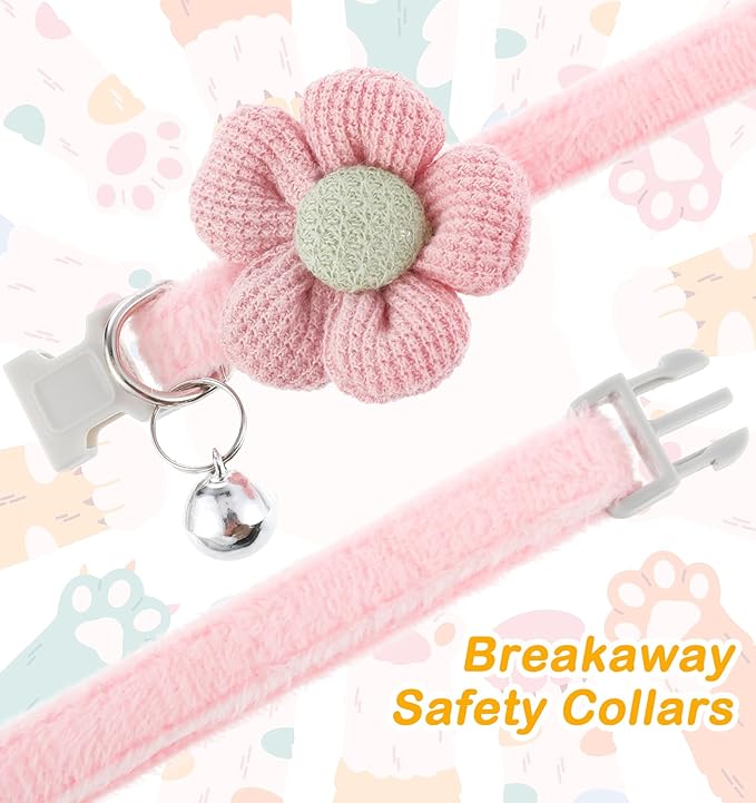 2Pcs Girl Cat Collars, Pink Girly Kitten Collar Plush Flower Cute Cat Collars for Girl Cats, Adjustable Design with Bell, Breakaway Safety Buckle, Cute Accessories for Girls' Kittens, Pink & Cream