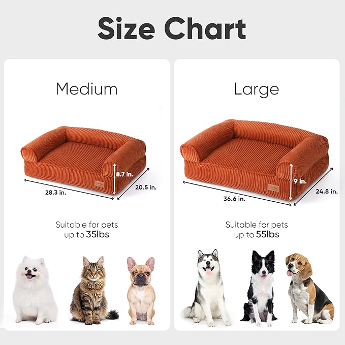 FUKUMARU Dog Couch Bed, Corduroy Cozy Cat Bed for Indoor Cats with Washable Cover, 28in Waterproof Orthopedic Dog Beds Sofa for Small Dogs and Large Cats, Cute Warm Cotton Pet Sofa, Orange