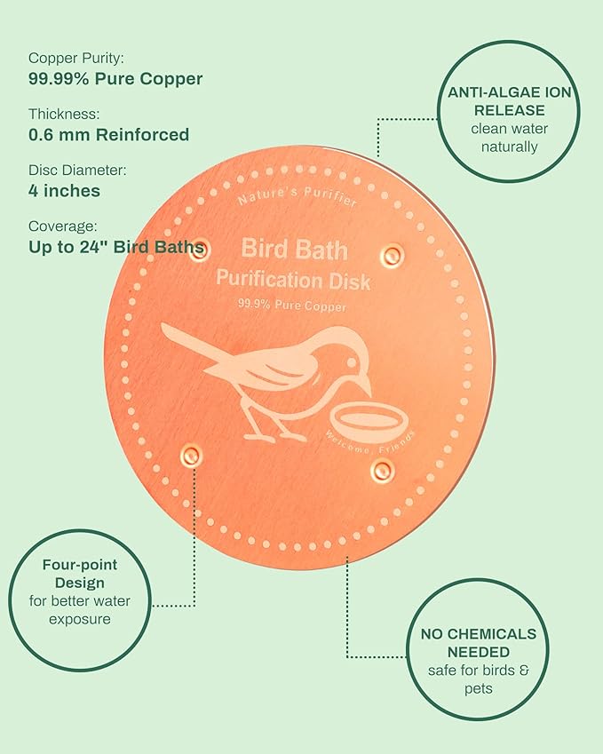 Bird Bath Purification Disk Pure Copper Outside Winter Solar Power Birdbath Heater Deicer Cage Hanging Bowl Metal Warmer Deck Railing Glass Concrete Ceramic Stone Stand Water Fountain Station