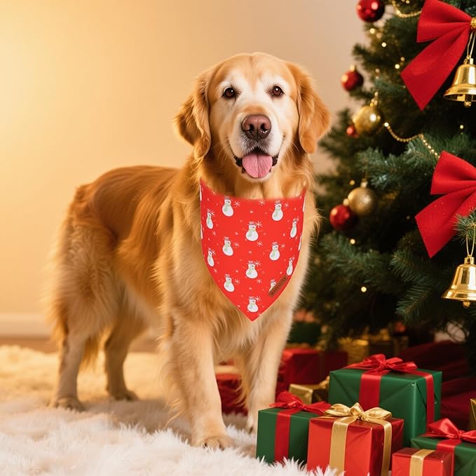 ADOGGYGO Christmas Dog Bandanas 2 Pack, Reversible Santa Snowman Xmas Pet Scarf Bib, Adjustable Fit Red Green Christmas Bandana for Medium Large Dogs (Large)