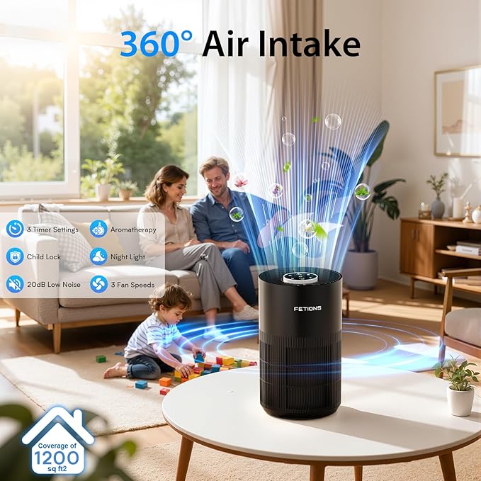 Air Purifiers for Bedroom with H14 True HEPA, Quiet Air Cleaner With Sleep Mode Night Light, Small Air Purifier Covers Up to 1200ft², 360° Air Intake, 3 Speeds, Timer, Aroma Function, Black