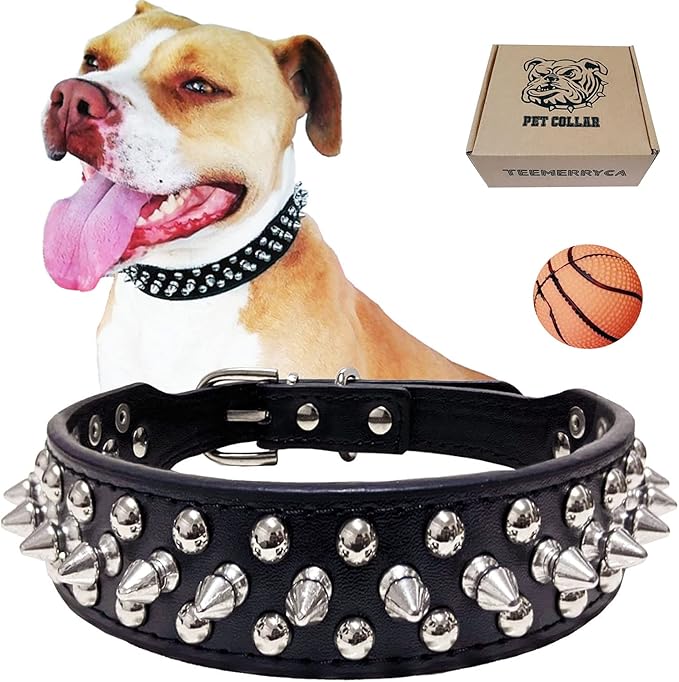 TEEMERRYCA Adjustable Microfiber Leather Spiked Studded Dog Collars with a Squeak Ball Gift for Small Medium Large Pets Like Cats/Pit Bull/Bulldog/Pugs/Husky, Black, XS 8.3-10.6 inches