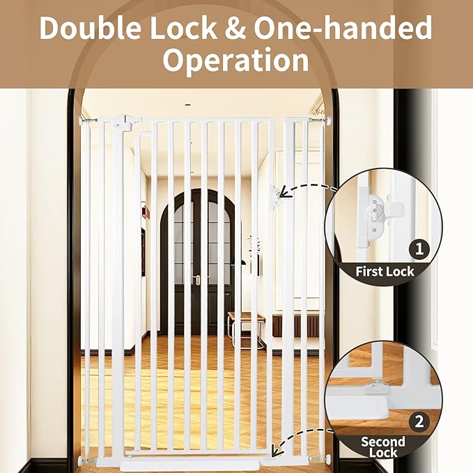 59“ Extra Tall Cat Gate for Doorway：29.4-33.4” Wide Pet Gate, Auto Close/One Handed Open, 1.34” Extra Small Gap, No Drill Pressure Mount Tall Cat Gate for Interior Stairs/Kitchens/Hallways (White)