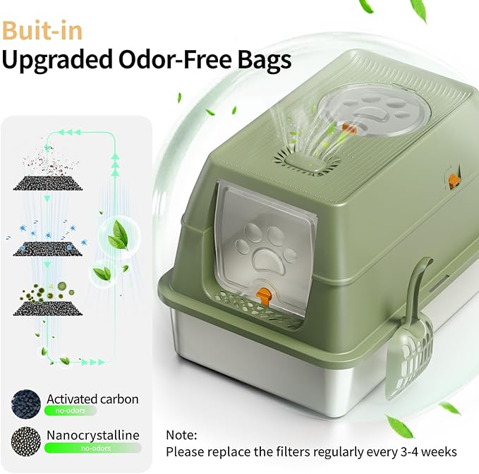 Stainless Steel Cat Litter Box with Lid, XL Large Enclosed High Sided Litter Box with Removable Lid, Carbon Filters -Odor Free, Easy Cleaning, Anti-Urine Leakage for Big Cats -Green