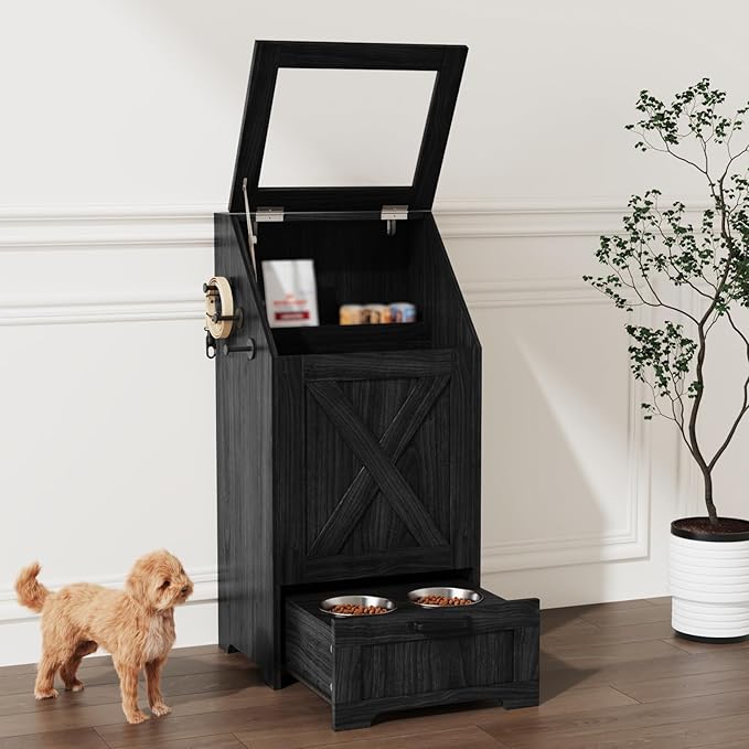 Dog Feeding Station with Storage Cabinet and 2 Elevated Dog Bowls, Hidden Pet Food Storage Organizer for Dog &Cat,Modern Dogs Furniture (Black)
