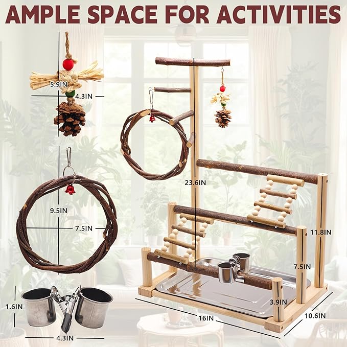 ‌Bird Playground, Natural Wooden Parrot Stand with Feeding Cups, Swing, Chew Toys, and Other Cage Accessories for Small to Medium Birds.Ideal for Cockatiels, Budgies, African Greys, and Conures