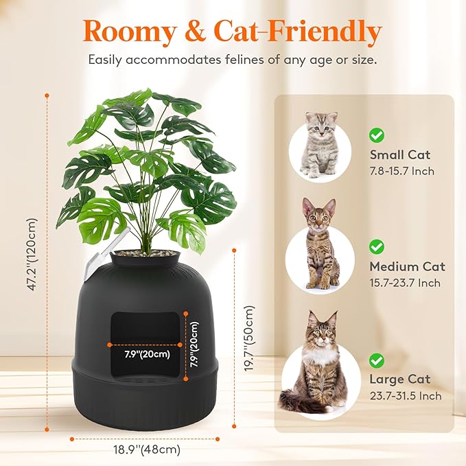 Lifewit Cat Litter Box, Hidden Enclosure Litter Tray with Odor Control & Carbon Filter in Living Room, Bedroom, Corner with Faux Plant& Plastic Scoop, 48 x 120 cm/19x47, Black