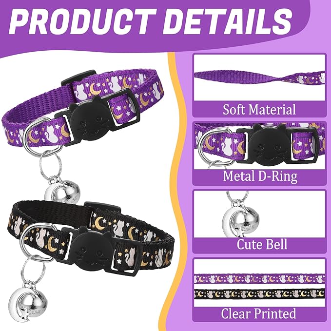 10Pcs Breakaway Cat Collars with Bell Star and Moon Cute Adjustable Kitten Collars with Pendant Glow in The Dark