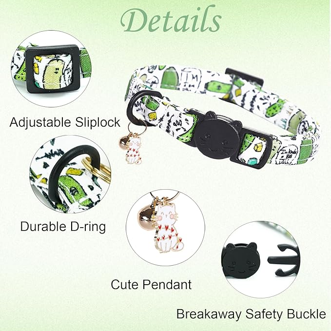 Cat Collar-2 Pack Cat Collars Goose & Dill Cat Collar Breakaway with Kitten and Bell Pendant Safety Buckle Pet Collar Cute Cotton Collar for Boy Cats Gift for Cats and Small Pets