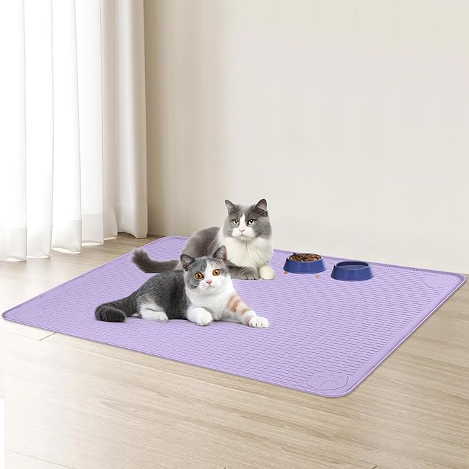 Cat Food Mat, 34" x 22" Large Silicone Pet Feeding Mat for Food and Water Bowls Non-Slip, Easy to Clean (Purple)