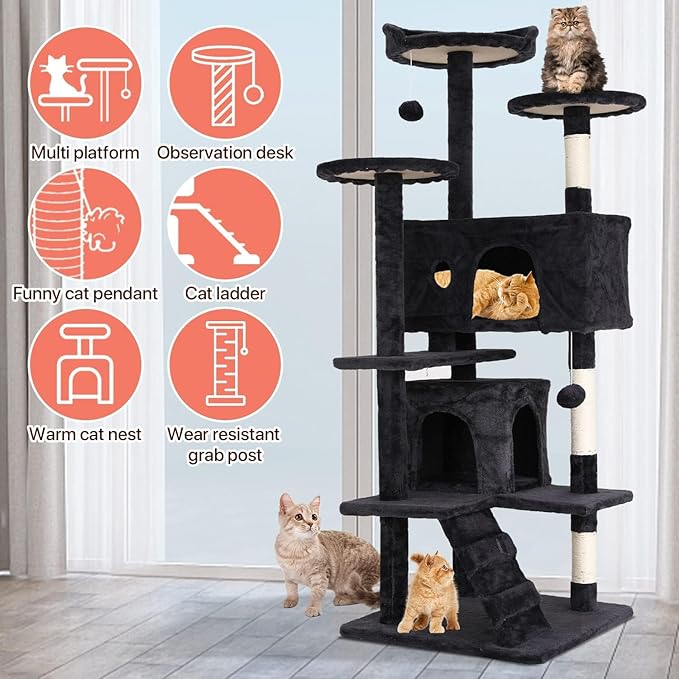 54in Cat Tree Cat Climbing Tower with Scratching Post, Cats House Perch Kitten Tree Condo Wood Playhouse, Pet Trees Tower for Indoor Cats, Dark Gray