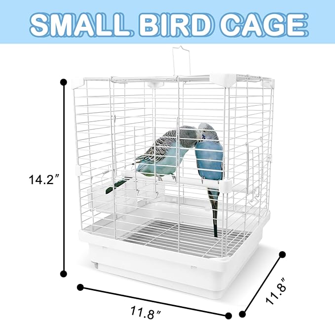 Small Bird Cage for Parakeets, Budgies & Canaries and More Small Birds - Lightweight Travel Birdcage & Bird Carrier with Handle, Stand, Removable Tray, Portable for Hanging, Outdoor Use, White