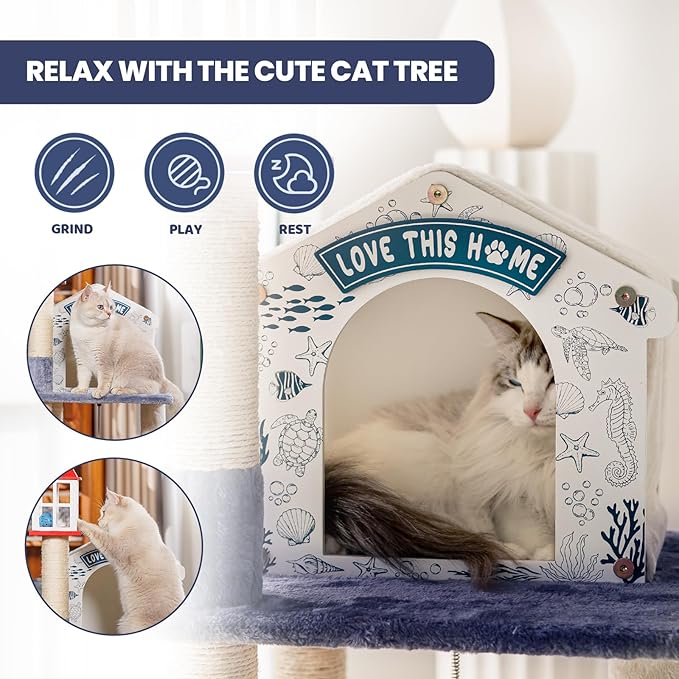 HYABi 43.5-Inch Novelty House Seagull Buoy Collapsible Cat Tree Tower Condo Bed Furniture Plush Ball Toy Fish Platforms Multi-Level with Scratching Posts Play for Indoor Cats