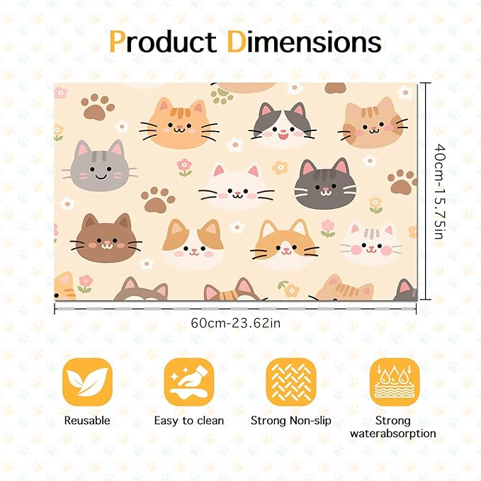 Cat Feeding Mat 24x16 inch Beige Kitten Print Pet Bowl Placemat Non Slip Floor Mat for Food and Water Indoor Kitty Feeding Station Cute Meal Pad for Small Pets Kitchen Use