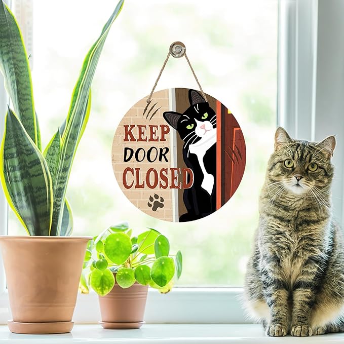 Keep Door Closed Tuxedo Cat Front Door Sign, Funny Wood Hanger Bedroom Porch Decor Pet Owner Lover Gift, Beware of Cat Wooden Wreath Indoor Wall Hanging Home Office Decoration